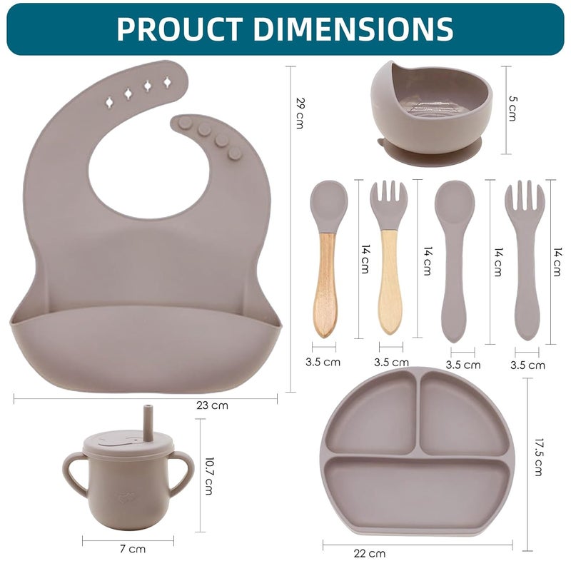 Dormlony 100% Silicone Baby Feeding Set, BPA Free, 9 Pcs: Suction Bowl, Divided Plate, Toddler Self Feeding Dish Set with Spoons, Forks, Sippy Cup, Bib, Beige - Image 2